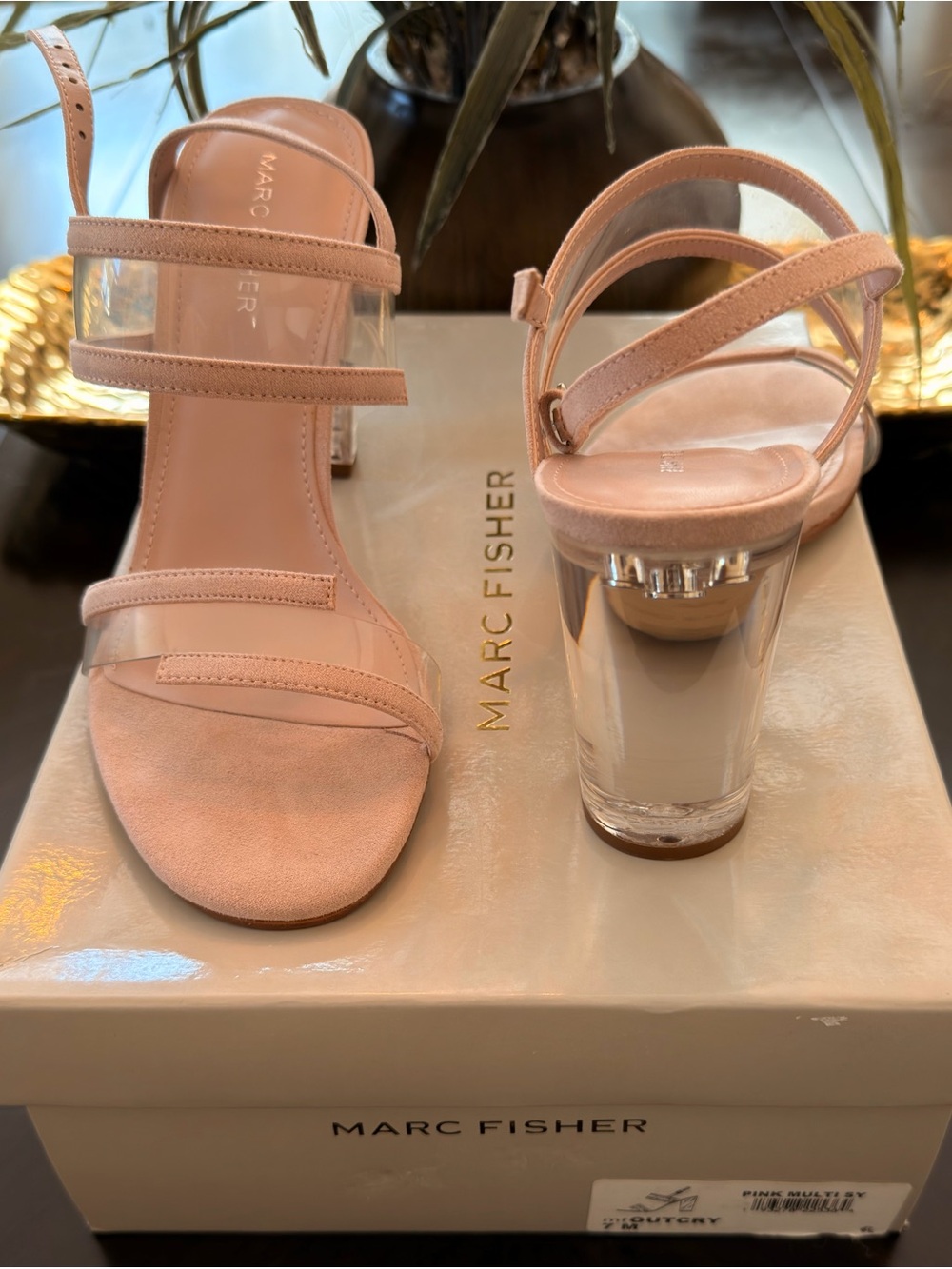 Marc Fisher Pink Suede & Clear Strap Block Heel Sandals - Picture 4 of 8